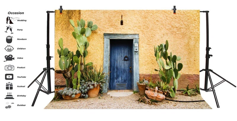 Leyiyi 8x6ft Photography Background Mexico Cactus Backdrop Western Building Life Desert Plant Saguaro Grunge Stone Wall Flowerpot Oilpainting Garden Door Cowboy Photo Portrait Vinyl Studio Video Prop - Image 4